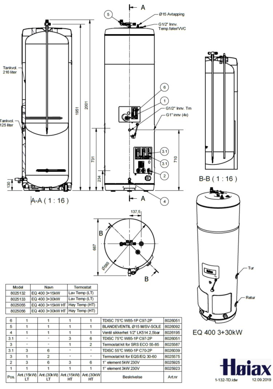 Høiax EQ 400L 3kW + 15kW Varmtvannsbereder for varmeanlegg 