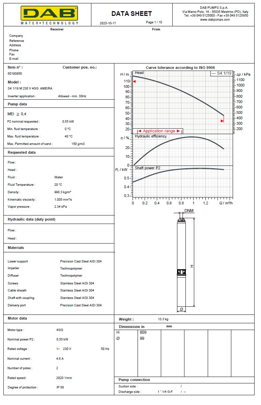 DAB S4 1/19 0,75HP M230/50 4GG Dykkpumpe med motor 