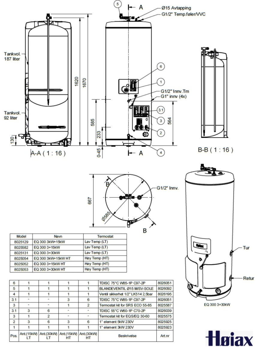 Høiax EQ 300L 3kW + 15kW Varmtvannsbereder for varmeanlegg 