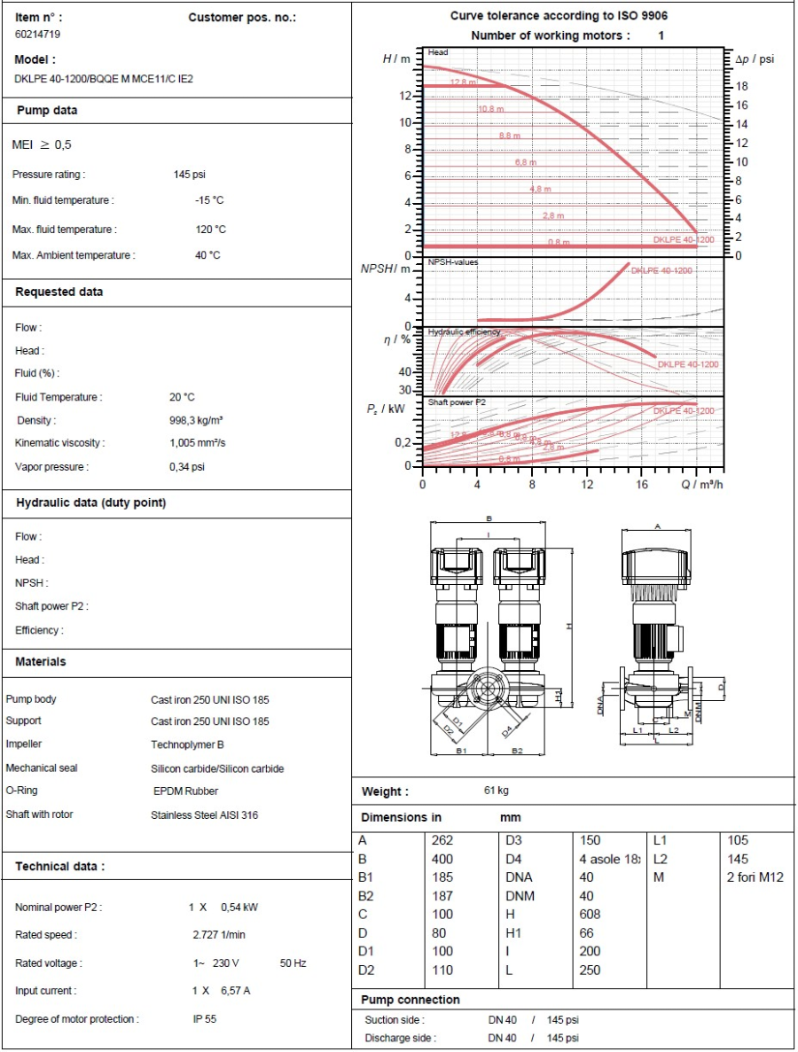 DAB DKLPE 40-1200/BQQE 1x230 50/60 IE2 Electronic in line pumps Klme-Dklme 