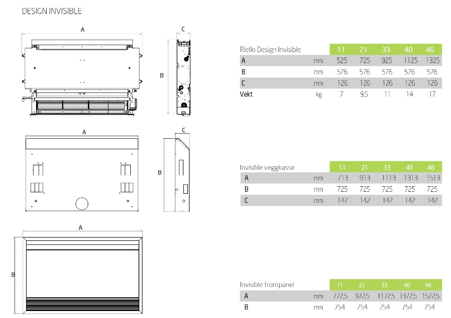 Riello Invisible Inverter 11 (3.gen) Viftekonvektor for innbygging i vegg 